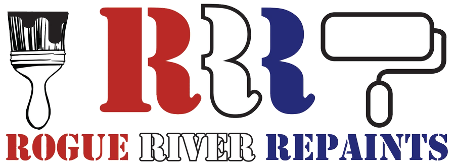 Rogue River Repaints logo: RRR in red, white and blue between a paintbrush and a paint roller